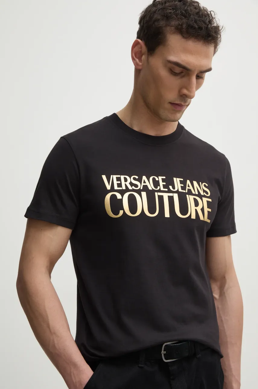 Versace Jeans Couture tricou din bumbac barbati, culoarea negru, cu imprimeu, 78GAHT05 CJ00T