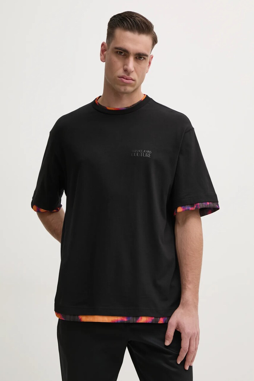 Versace Jeans Couture tricou din bumbac barbati, culoarea negru, cu imprimeu, 78GAH6X1 J0001