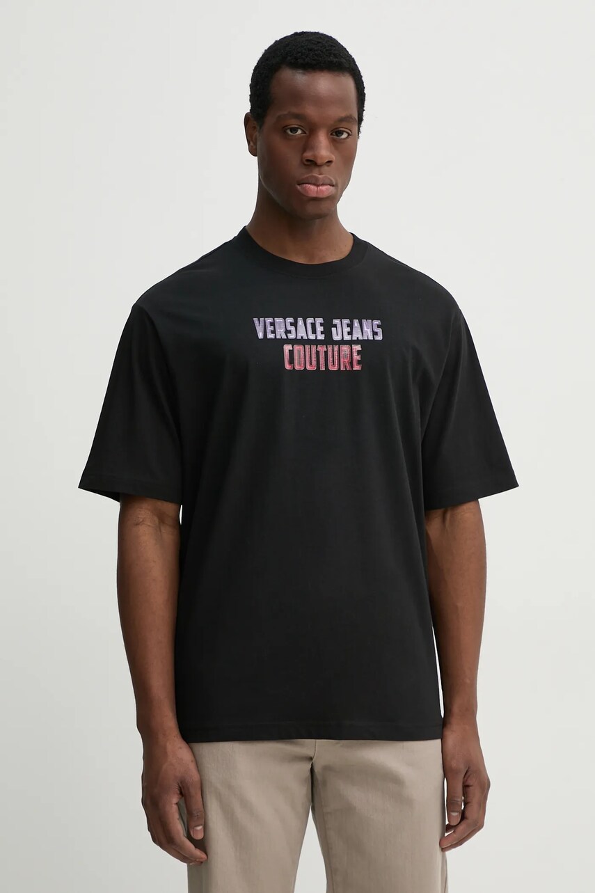 Versace Jeans Couture tricou din bumbac bărbați, culoarea negru, cu imprimeu, 78GAHC02 CJ01C