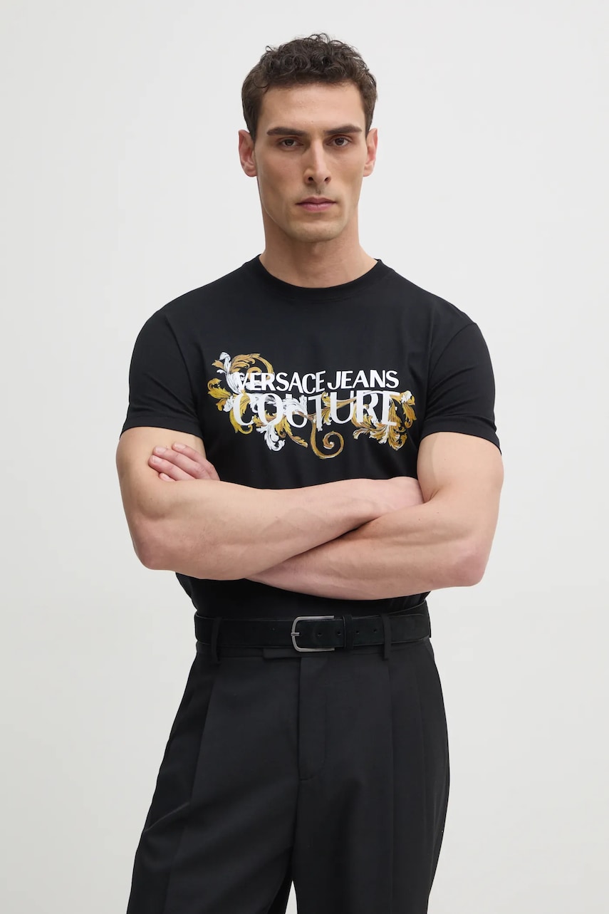 Versace Jeans Couture tricou din bumbac barbati, culoarea negru, cu imprimeu, 78GAHC05 CJ01C Versace Jeans Couture tricou din bumbac barbati, culoarea negru, cu imprimeu, 78GAHC05 CJ01C
