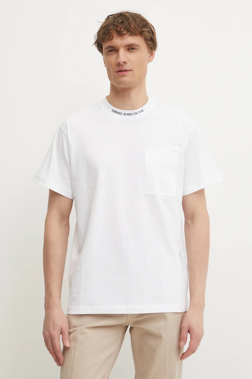 Versace Jeans Couture tricou din bumbac barbati, culoarea alb, neted, 78GAHE03 CJ00E