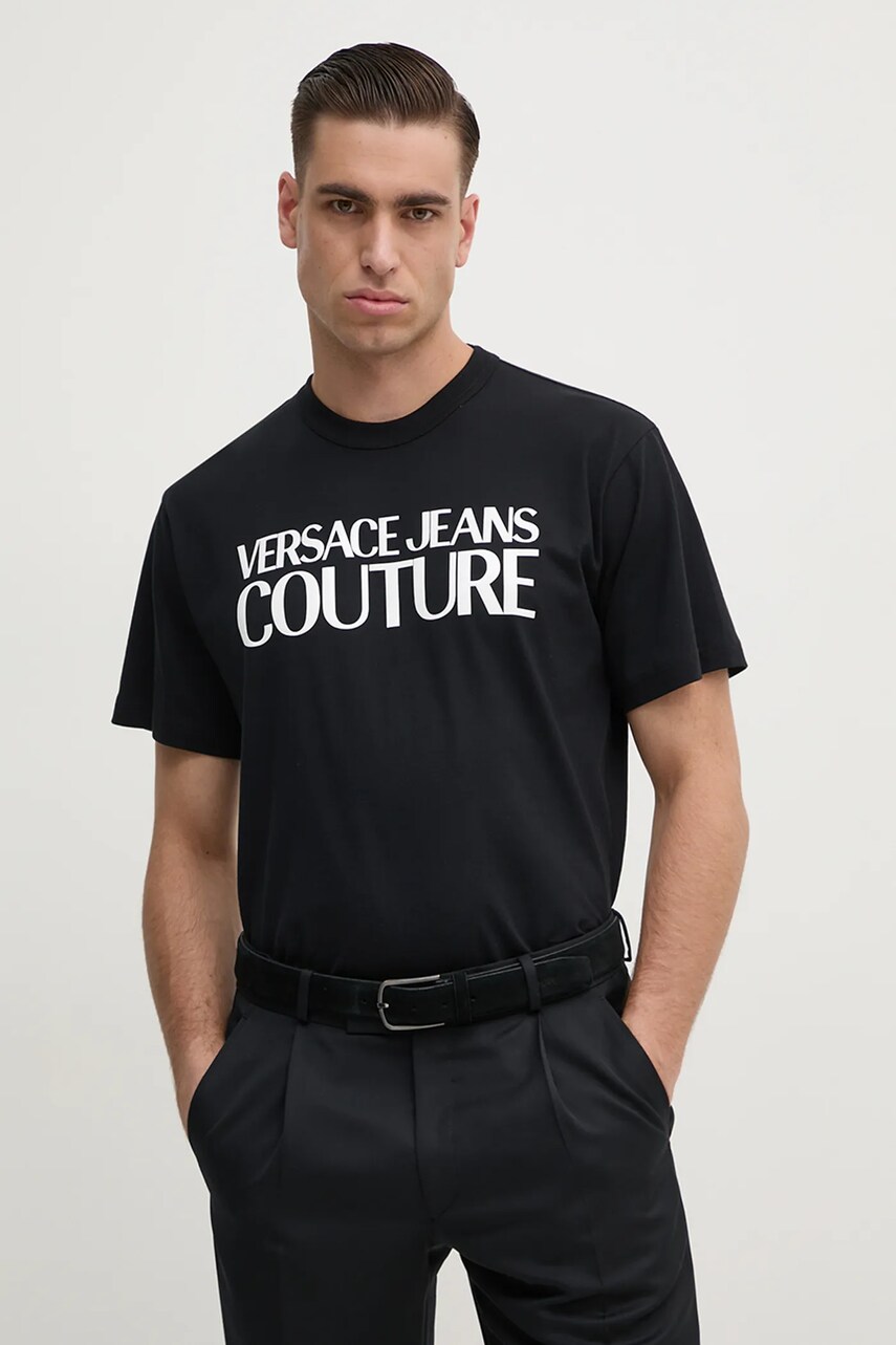 Versace Jeans Couture tricou din bumbac barbati, culoarea negru, cu imprimeu, 78GAHE05 CJ00E