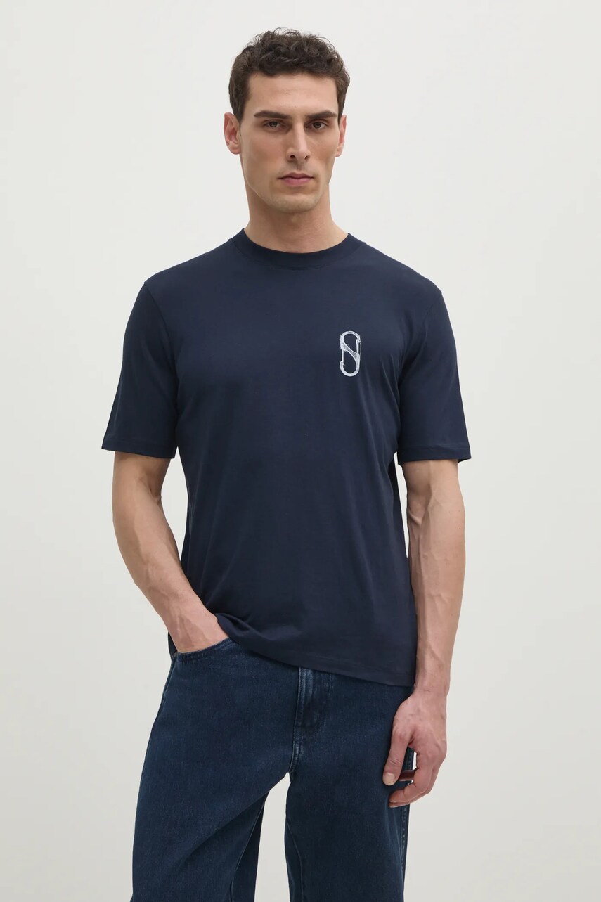 Sisley tricou din bumbac barbati, culoarea albastru marin, cu imprimeu, 3I1XS1047