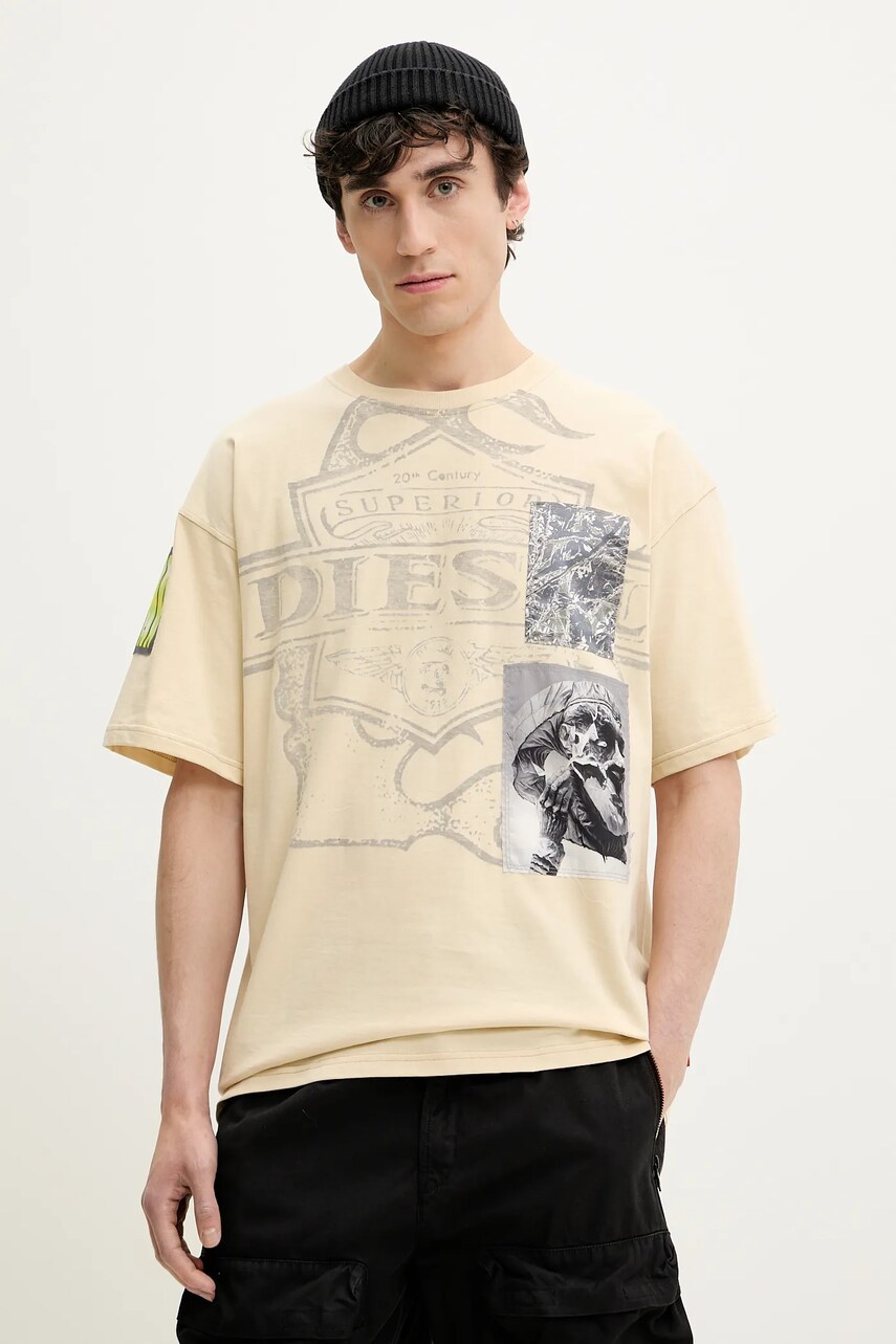Levně Bavlněné tričko Diesel T-BOXT-SLITS-R8 T-SHIRT béžová barva, A16162.0PLAT