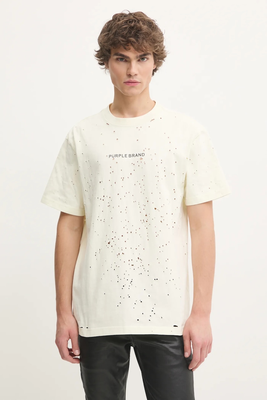 PURPLE BRAND tricou din bumbac HWT JERSEY SS TEE barbati, culoarea bej, cu imprimeu, P117-HFGT125