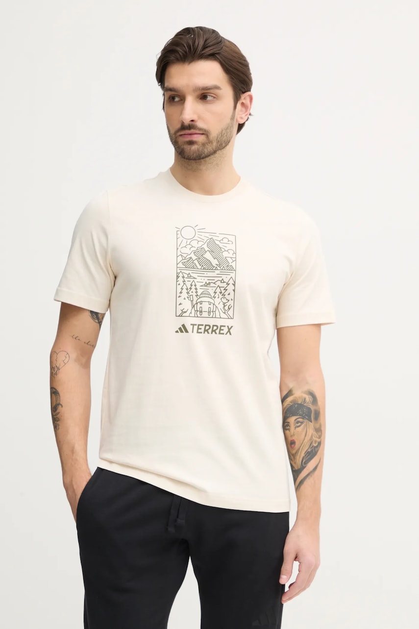 adidas TERREX tricou Wild barbati, culoarea bej, cu imprimeu, JN4267 adidas TERREX tricou Wild barbati, culoarea bej, cu imprimeu, JN4267