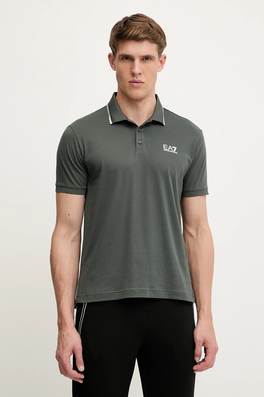 Levně Bavlněné polo tričko EA7 Emporio Armani pánské, zelená barva, AF10375.7M000277