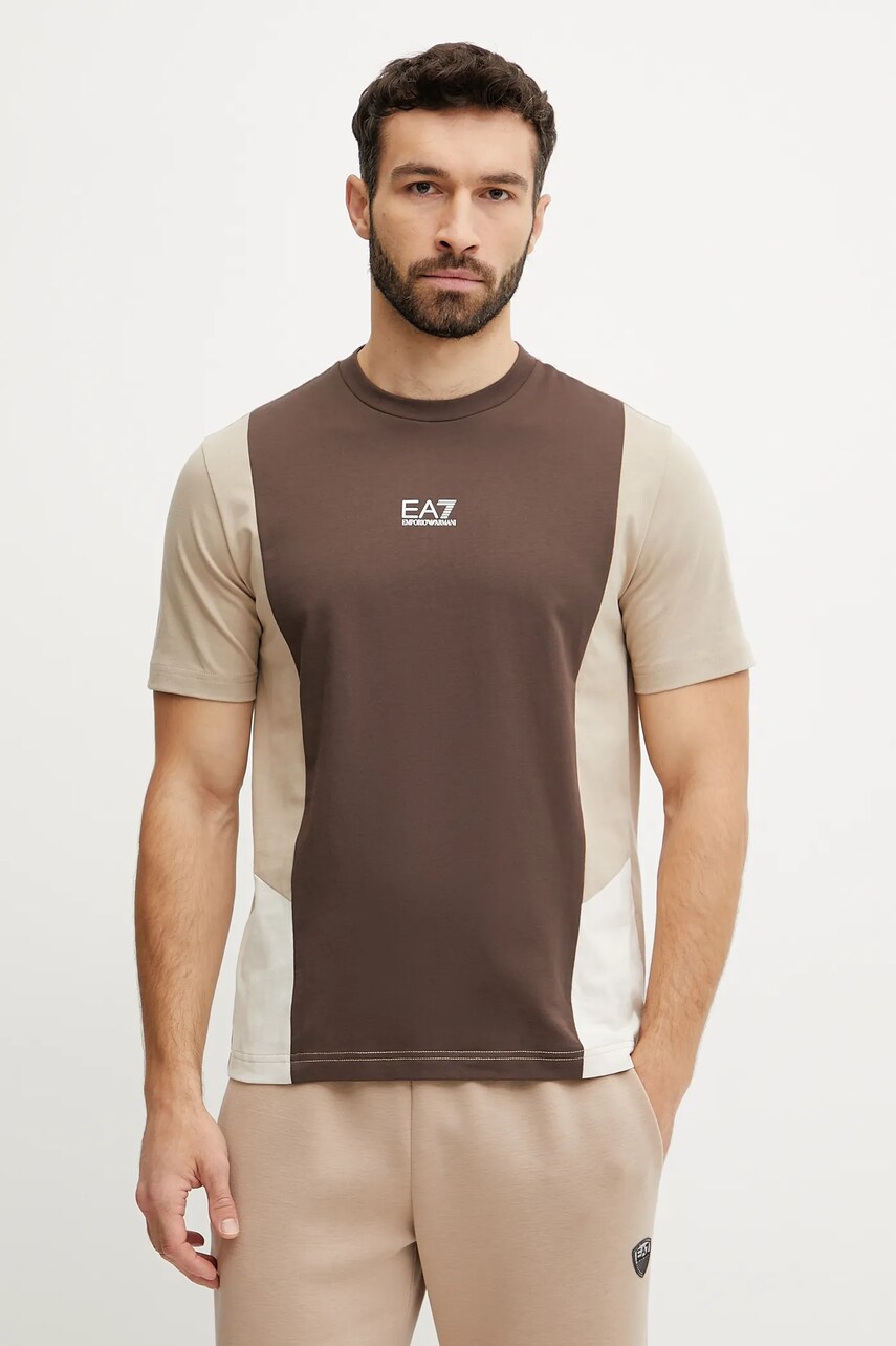 EA7 Emporio Armani tricou din bumbac barbati, culoarea maro, cu imprimeu, AF12874.7M000276