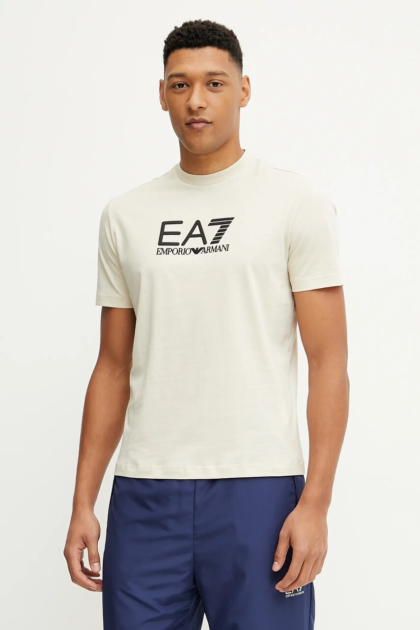 EA7 Emporio Armani tricou din bumbac barbati, culoarea bej, cu imprimeu, AF10375.7M000224