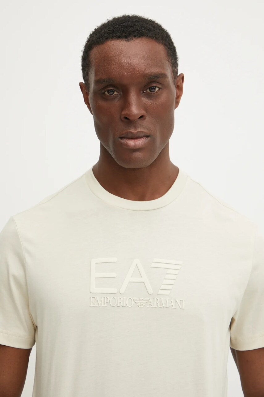 EA7 Emporio Armani tricou din bumbac barbati, culoarea bej, cu imprimeu, AF10375.7M000224