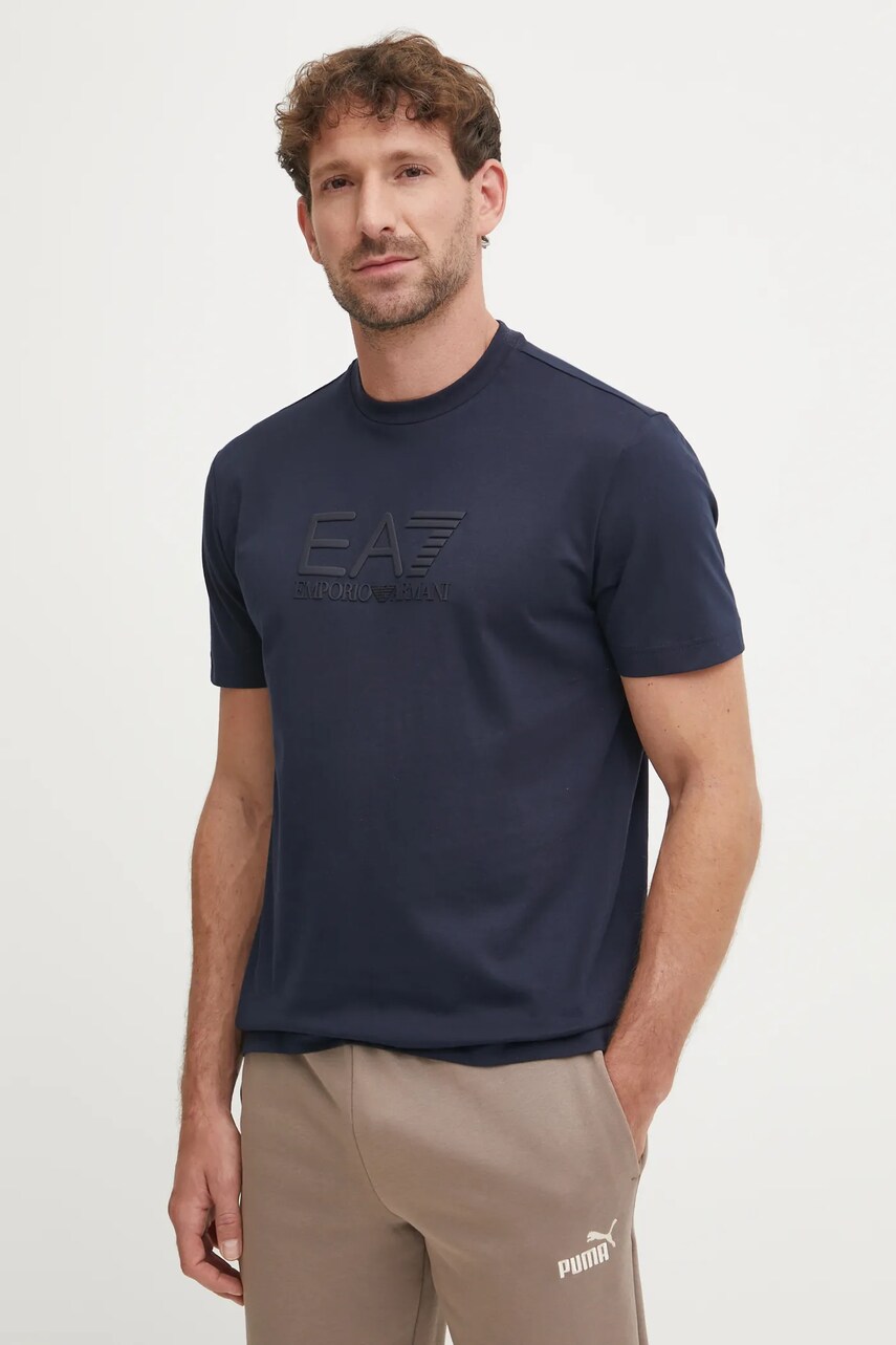 EA7 Emporio Armani tricou din bumbac barbati, culoarea albastru marin, cu imprimeu, AF10375.7M000224