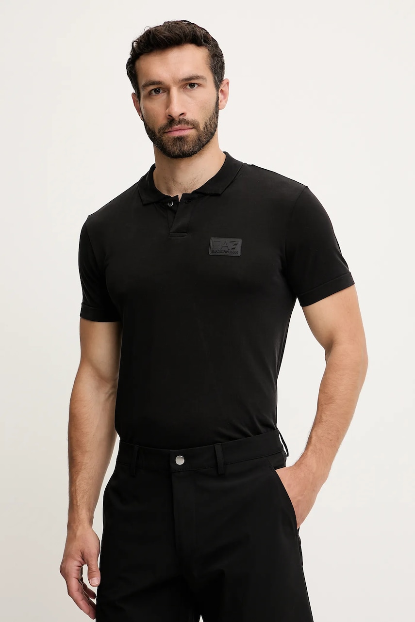 Levně Polo tričko EA7 Emporio Armani pánské, černá barva, s aplikací, AF13863.7M000091