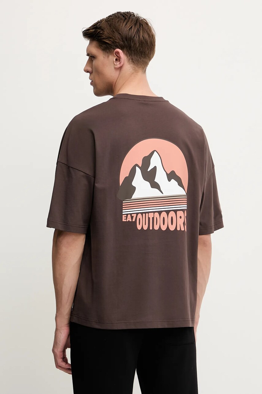 Levně Bavlněné tričko EA7 Emporio Armani pánské, hnědá barva, s potiskem, AF12874.7M000081