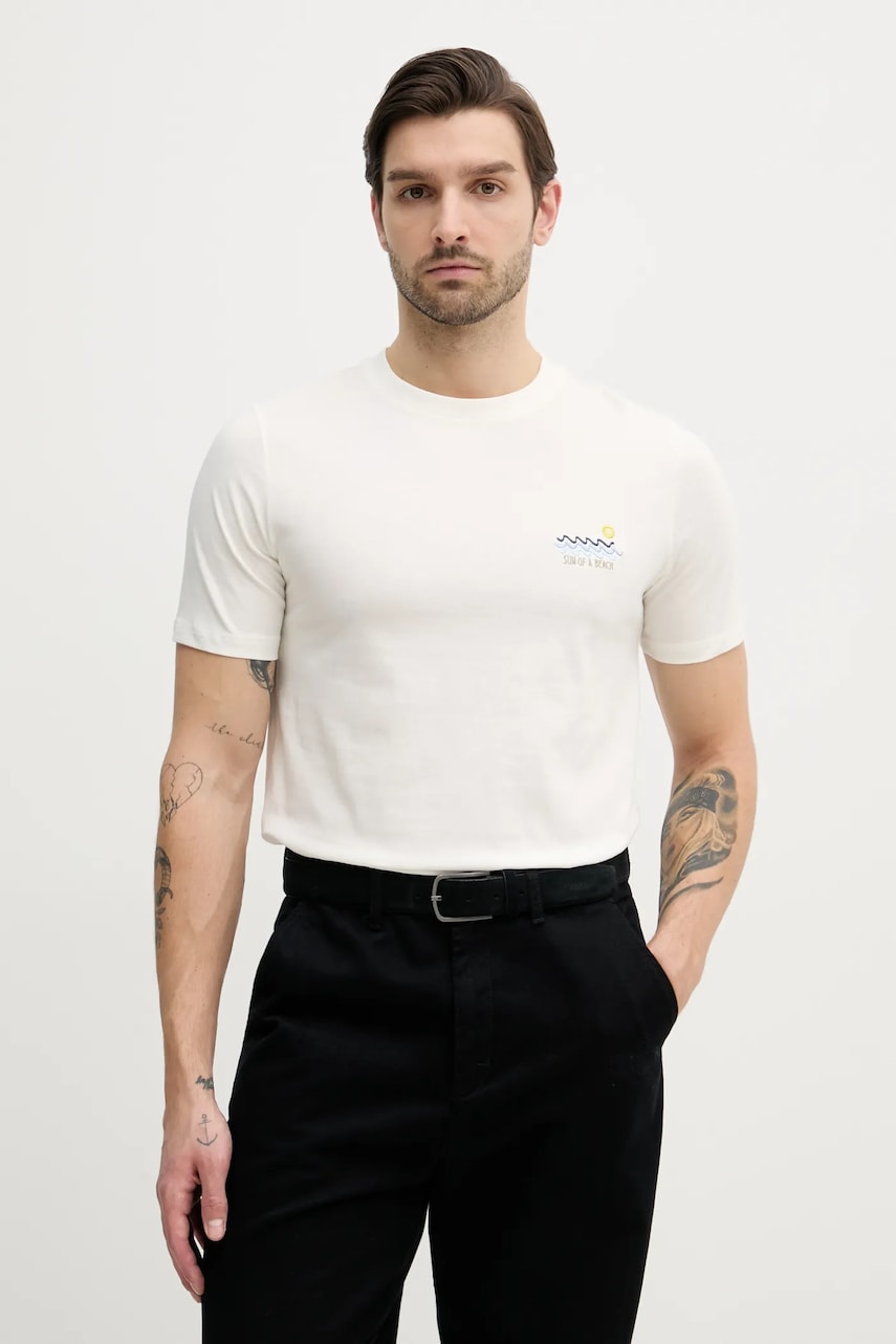 Lindbergh tricou din bumbac barbati, culoarea bej, cu imprimeu, 30-400235