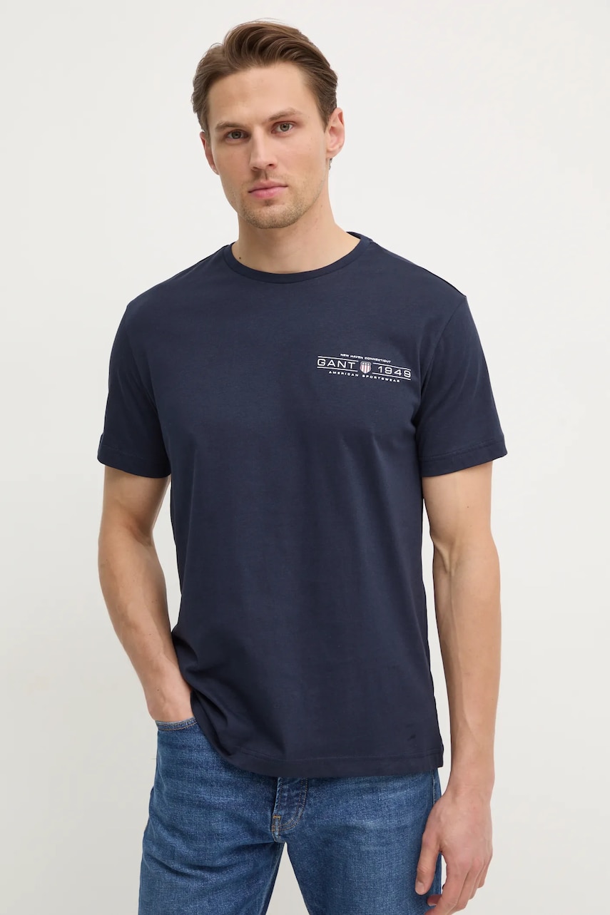 Gant tricou din bumbac barbati, culoarea albastru marin, cu imprimeu, 2044017