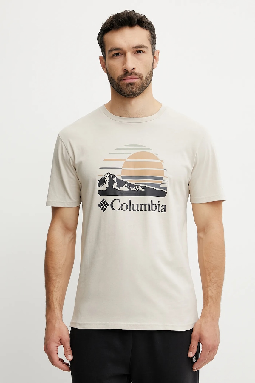Columbia tricou din bumbac Path Lake barbati, culoarea bej, cu imprimeu, 1934814. Columbia tricou din bumbac Path Lake barbati, culoarea bej, cu imprimeu, 1934814.