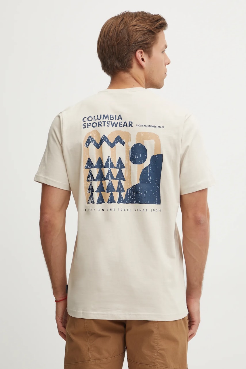 Columbia tricou din bumbac Explorers Canyon barbati, culoarea bej, cu imprimeu, 2036451. Columbia tricou din bumbac Explorers Canyon barbati, culoarea bej, cu imprimeu, 2036451.
