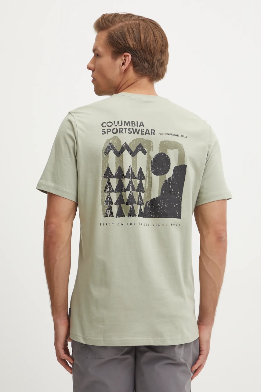 Columbia tricou din bumbac Explorers Canyon barbati, culoarea verde, cu imprimeu, 2036451. Columbia tricou din bumbac Explorers Canyon barbati, culoarea verde, cu imprimeu, 2036451.