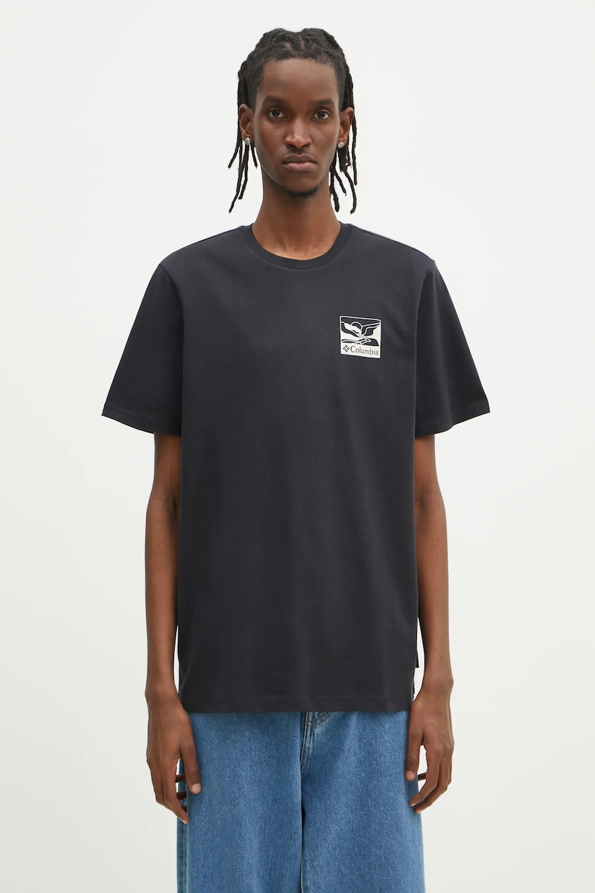 Columbia tricou din bumbac Explorers Canyon barbati, culoarea negru, cu imprimeu, 2036451. Columbia tricou din bumbac Explorers Canyon barbati, culoarea negru, cu imprimeu, 2036451.