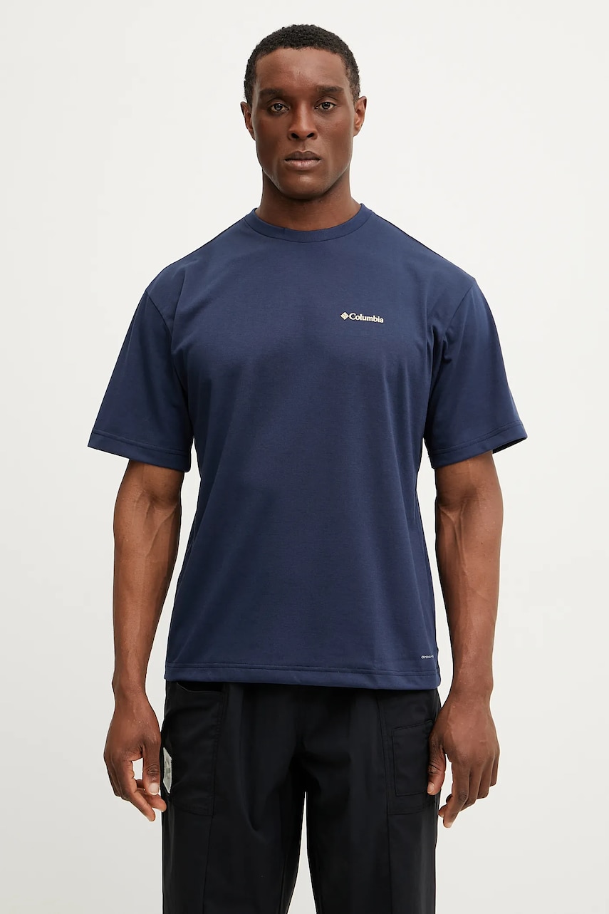 Columbia tricou sport Cedar Trail barbati, culoarea albastru marin, cu imprimeu, 2120381 Columbia tricou sport Cedar Trail barbati, culoarea albastru marin, cu imprimeu, 2120381