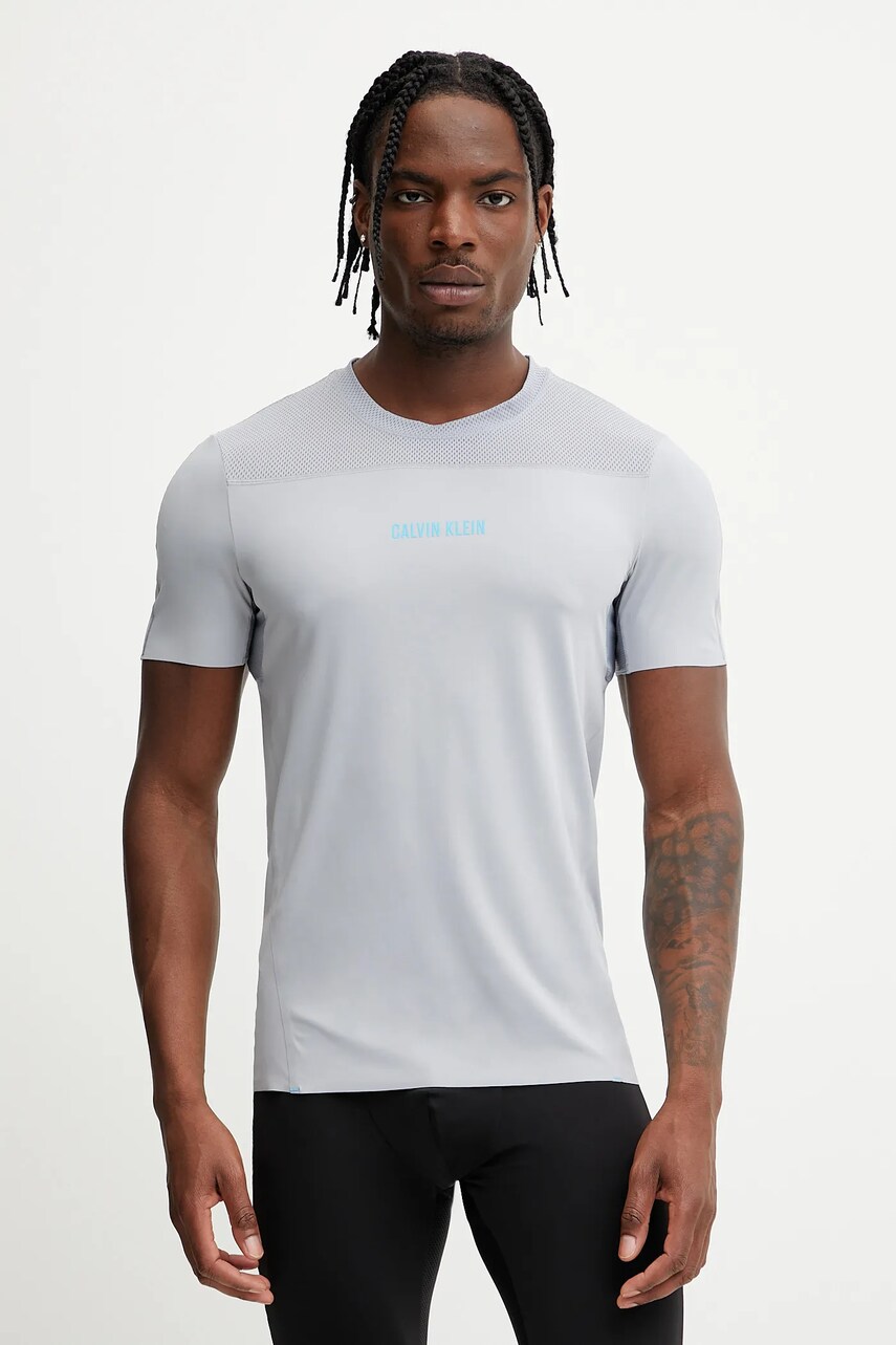 Levně Tréninkové tričko Calvin Klein Performance pánské, šedá barva, s potiskem, LVGMS5K188