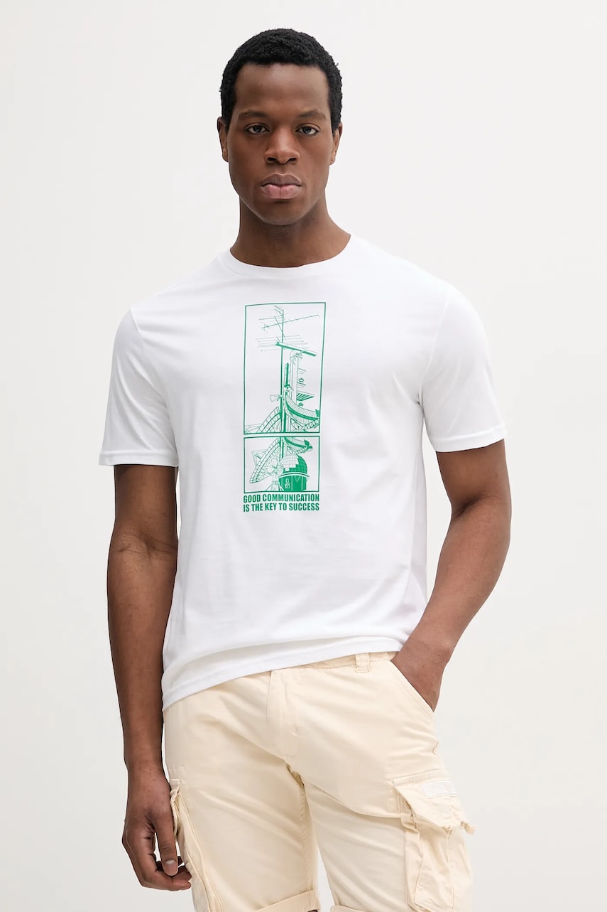 United Colors of Benetton tricou din bumbac barbati, culoarea alb, cu imprimeu, 3I1XU10A4 United Colors of Benetton tricou din bumbac barbati, culoarea alb, cu imprimeu, 3I1XU10A4
