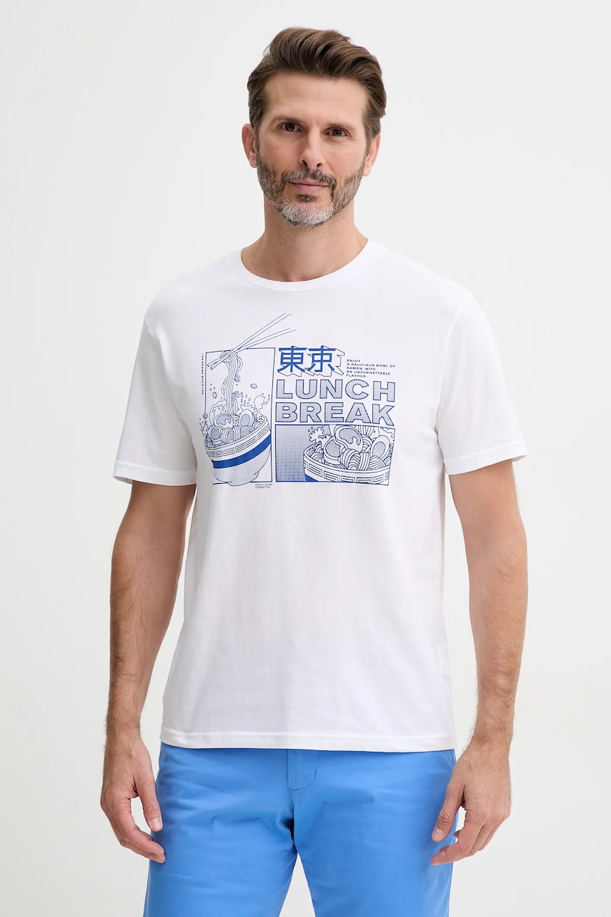 United Colors of Benetton tricou din bumbac barbati, culoarea alb, cu imprimeu, 3I1XU10A4 United Colors of Benetton tricou din bumbac barbati, culoarea alb, cu imprimeu, 3I1XU10A4