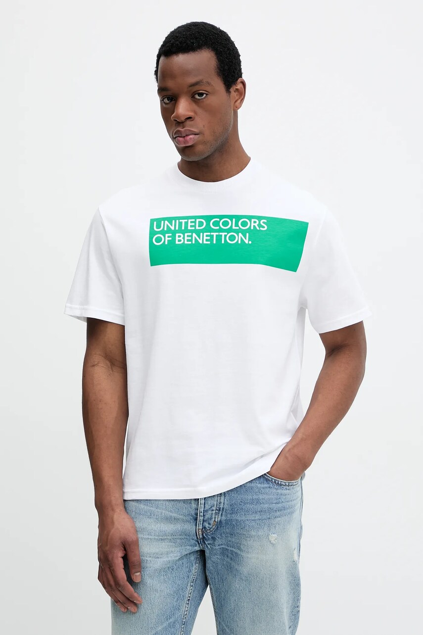 United Colors of Benetton tricou din bumbac bărbați, culoarea alb, cu imprimeu, 3BL0U10A2