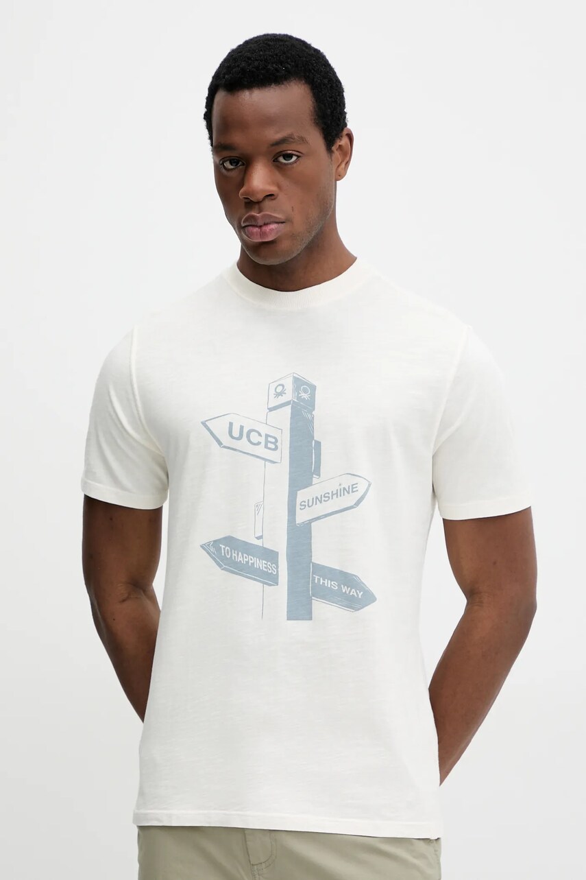 United Colors of Benetton tricou din bumbac barbati, culoarea bej, cu imprimeu, 3F98U109Y