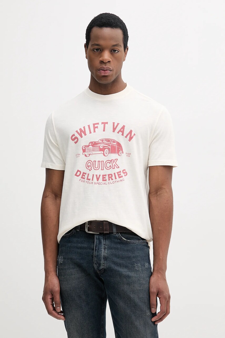 United Colors of Benetton tricou din bumbac barbati, culoarea bej, cu imprimeu, 3F98U109Y