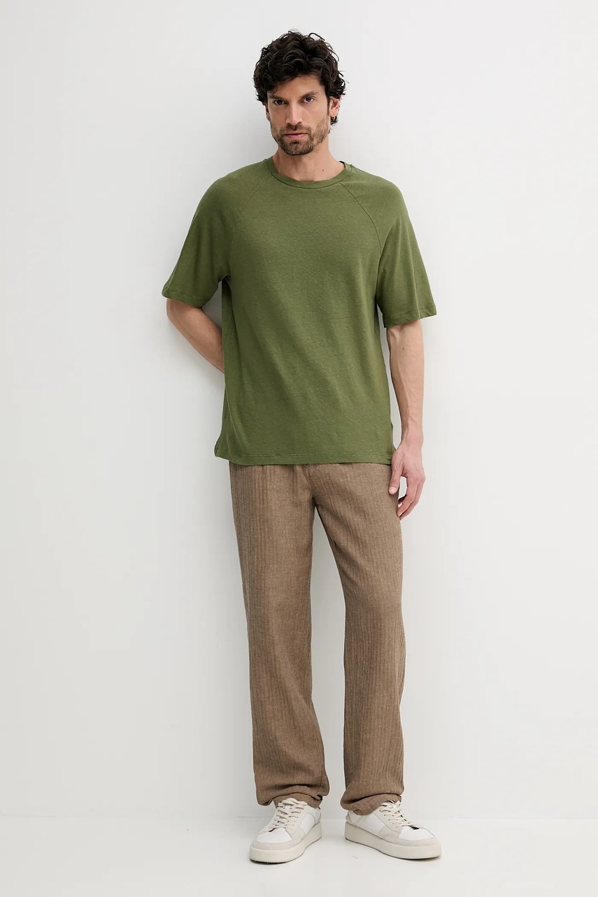 Льняная футболка United Colors of Benetton цвет зелёный однотонная 3UTFU10A5