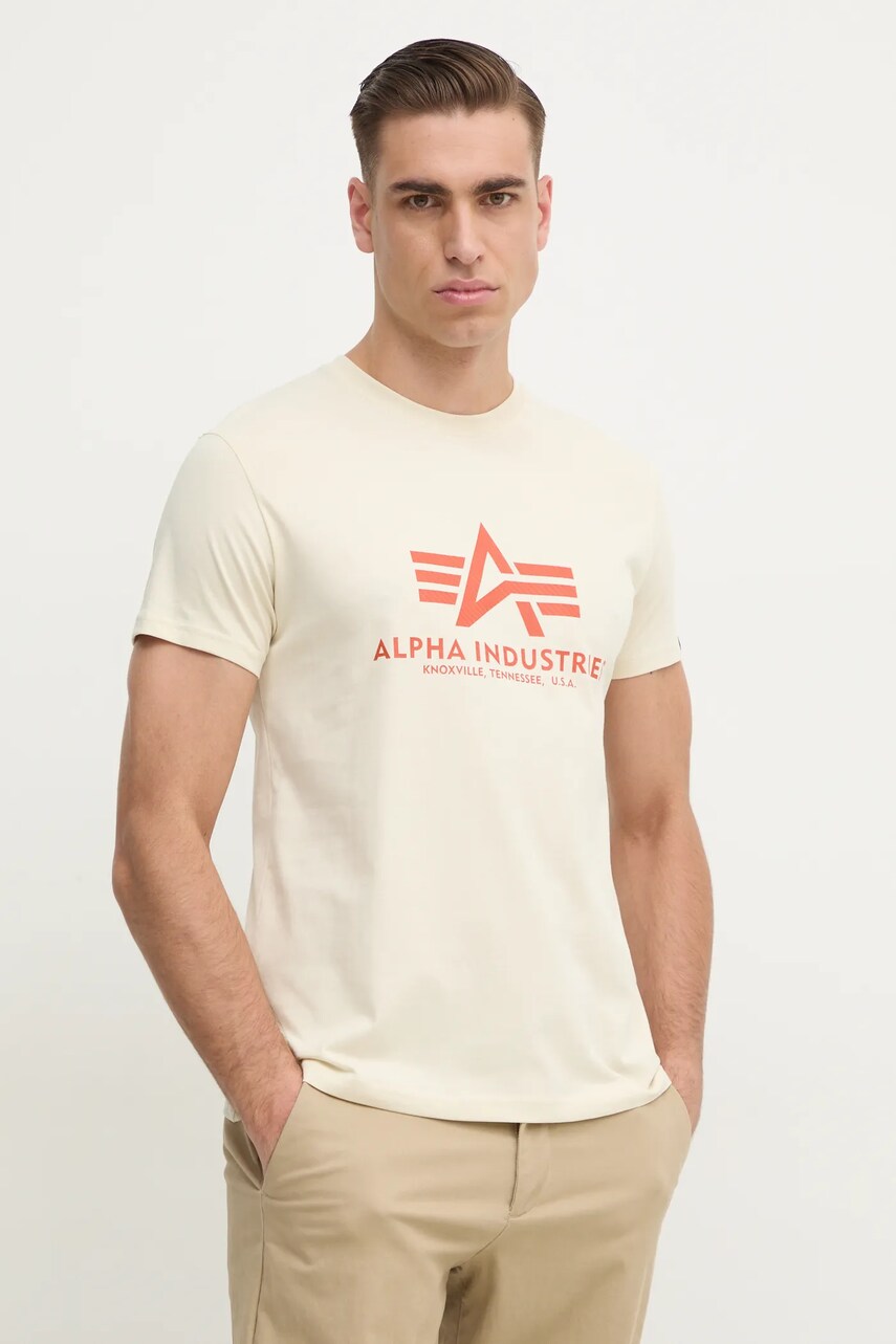 Alpha Industries tricou din bumbac bărbați, culoarea bej, cu imprimeu, 100501CB