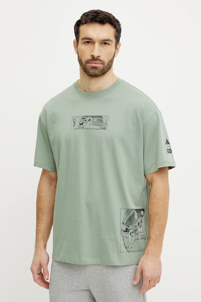 adidas tricou din bumbac x Mandalorian barbati, culoarea verde, cu imprimeu, JI5718 adidas tricou din bumbac x Mandalorian barbati, culoarea verde, cu imprimeu, JI5718