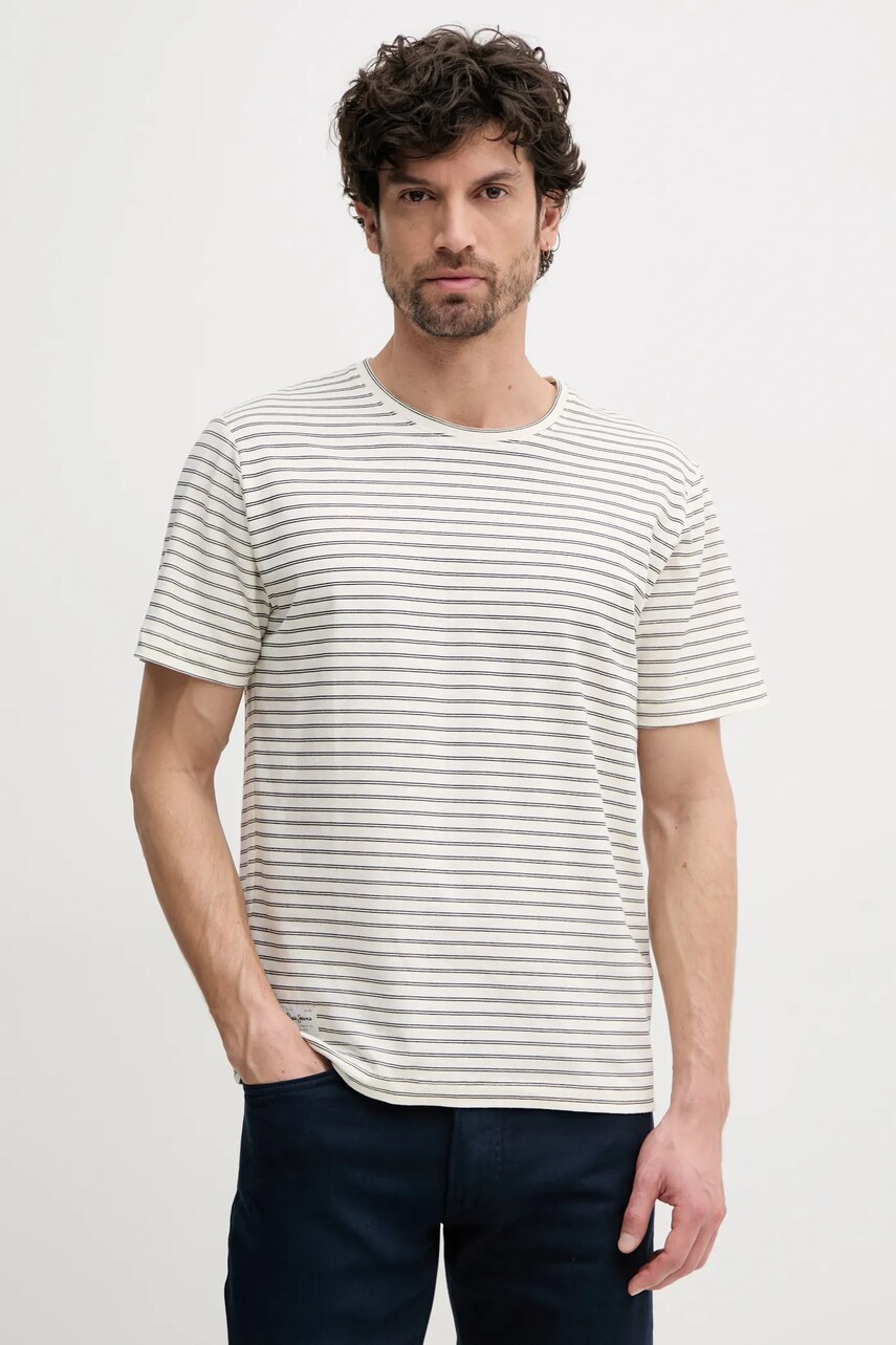 Pepe Jeans tricou din amestec de in WEST STRIPED PURNEY TEE bărbați, culoarea bej, cu imprimeu, PM509761