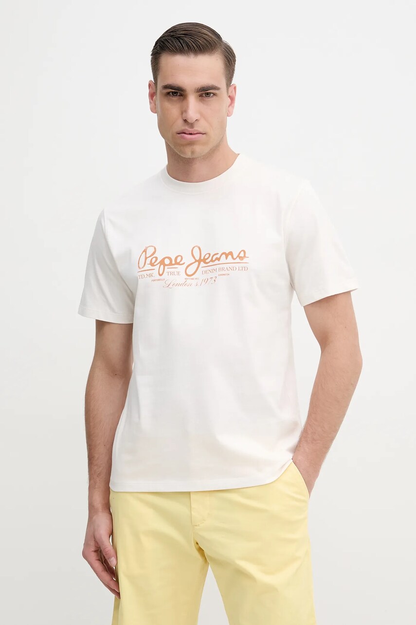 Pepe Jeans tricou din bumbac DUMAS TEE barbati, culoarea bej, cu imprimeu, PM509769