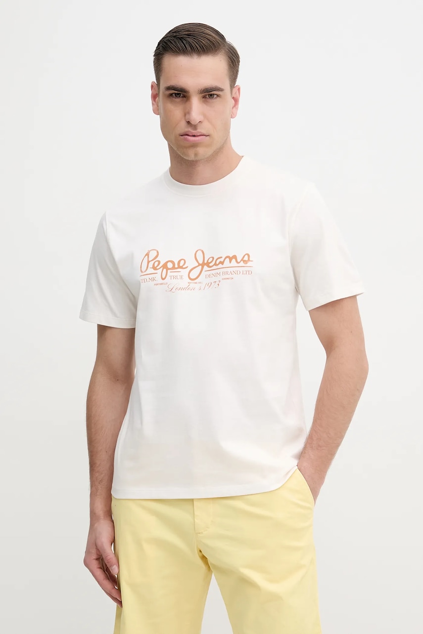 Pepe Jeans tricou din bumbac DUMAS TEE barbati, culoarea bej, cu imprimeu, PM509769