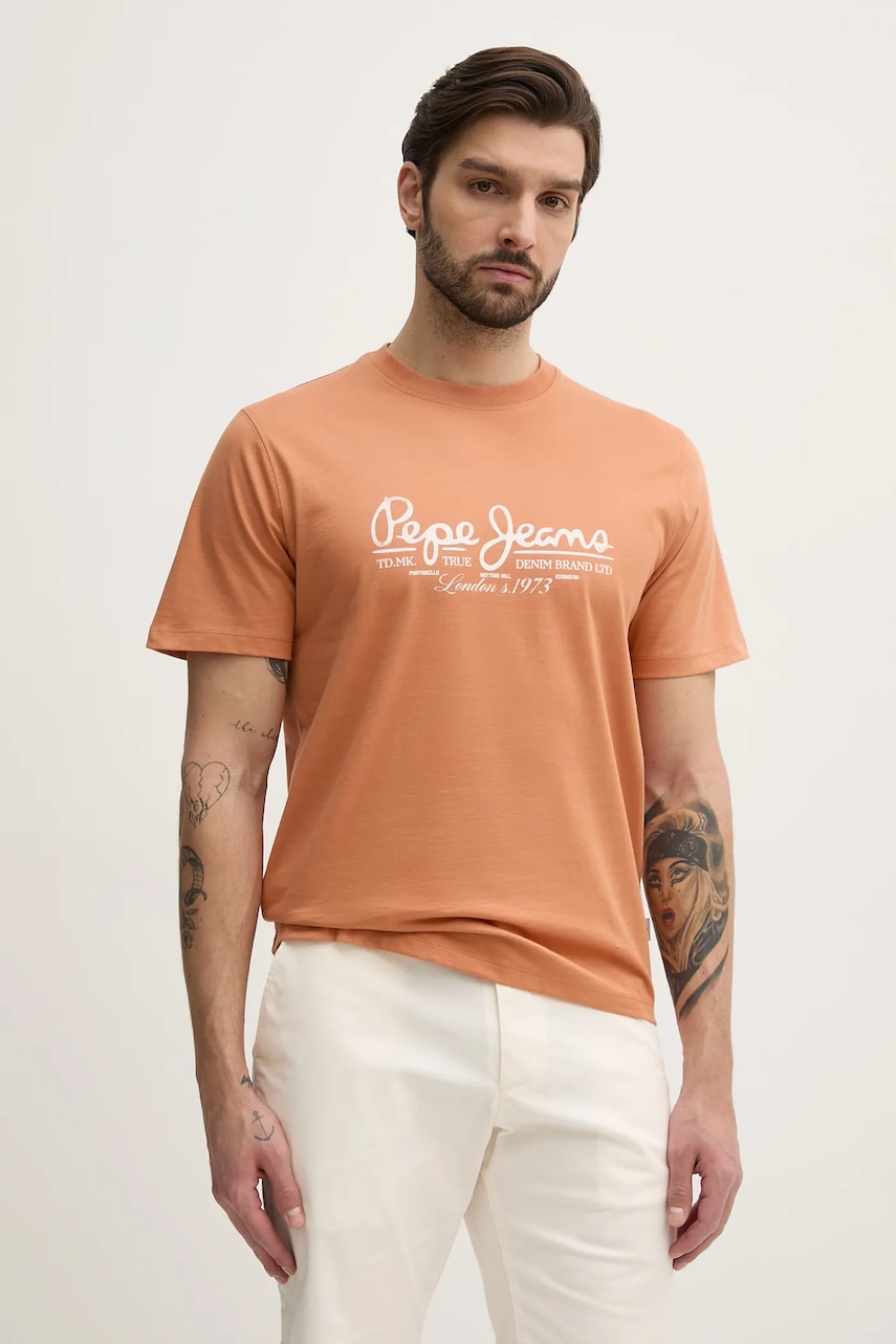 Pepe Jeans tricou din bumbac DUMAS TEE barbati, culoarea portocaliu, cu imprimeu, PM509769