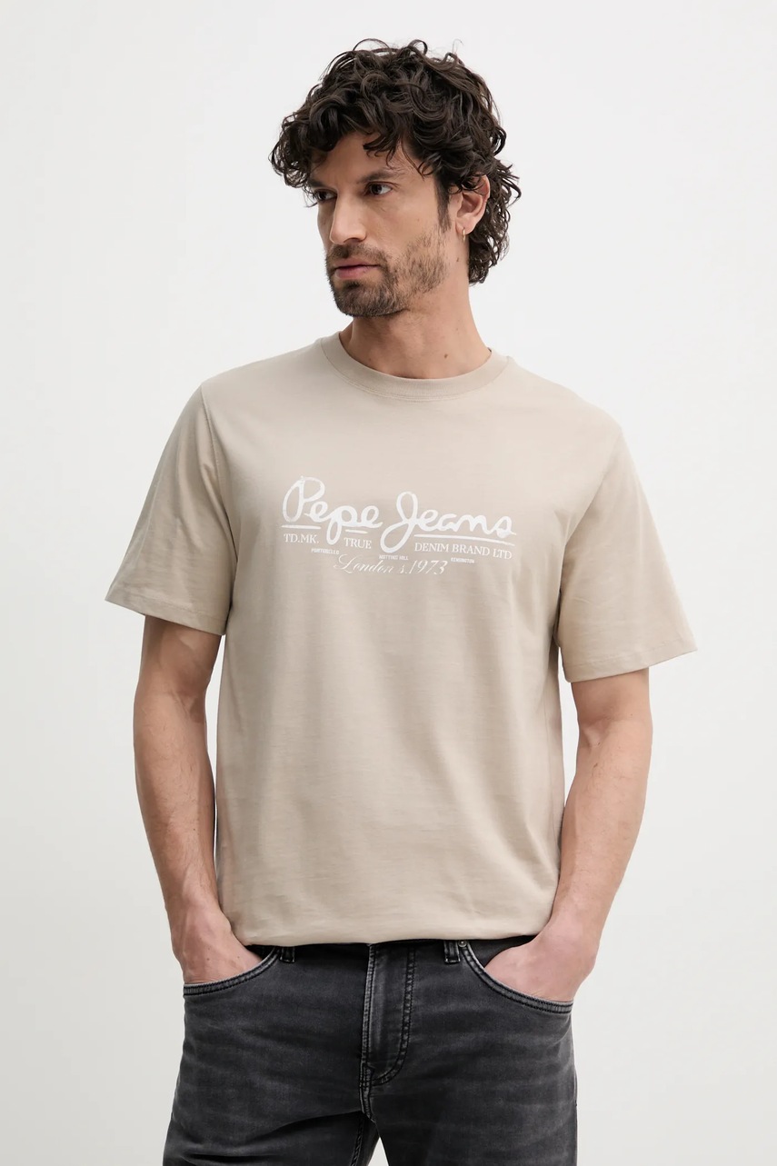 Pepe Jeans tricou din bumbac DUMAS TEE barbati, culoarea bej, cu imprimeu, PM509769