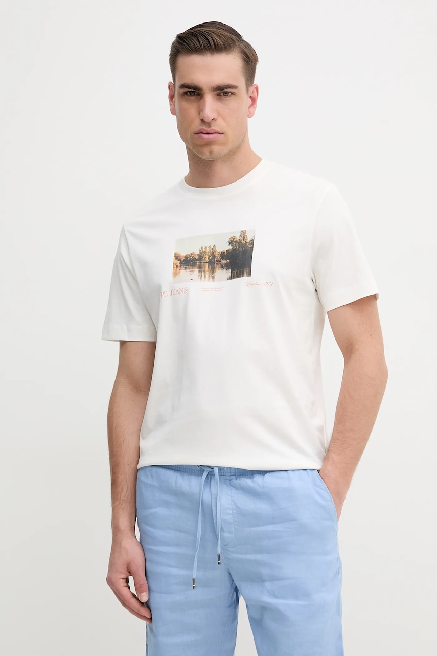 Pepe Jeans tricou din bumbac DESMOND TEE bărbați, culoarea bej, cu imprimeu, PM509775
