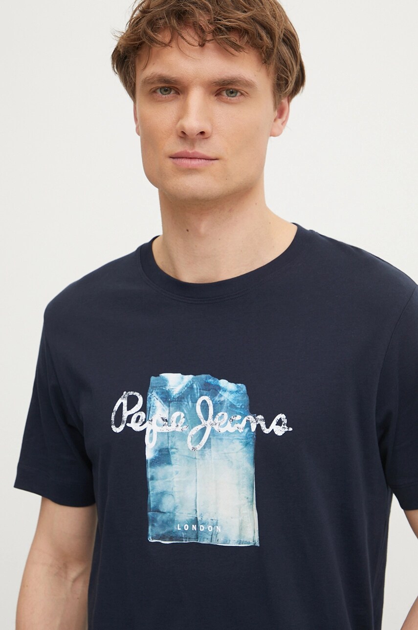 Pepe Jeans tricou din bumbac PRUSH barbati, culoarea albastru marin, cu imprimeu, PM509781