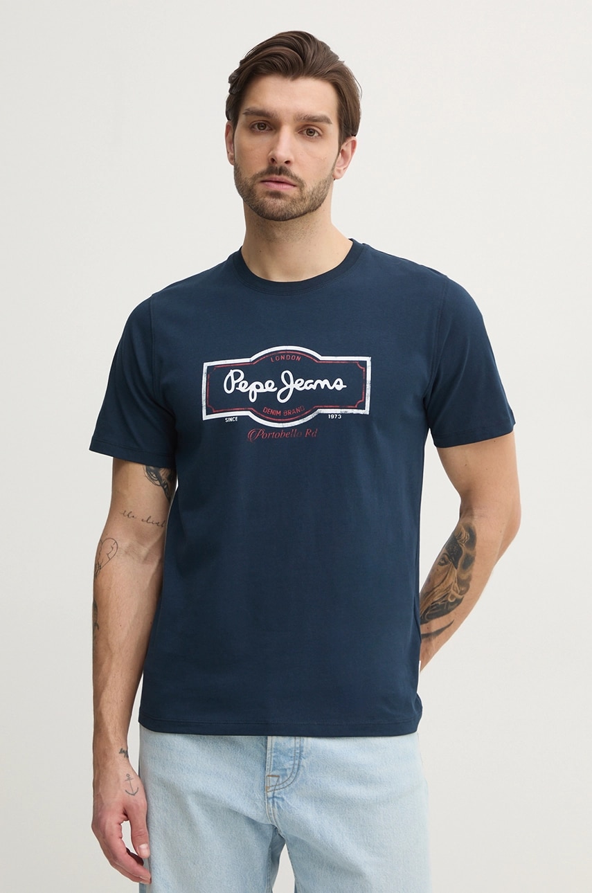 Pepe Jeans tricou din bumbac DAXTON TEE barbati, culoarea albastru marin, cu imprimeu, PM509786 Pepe Jeans tricou din bumbac DAXTON TEE barbati, culoarea albastru marin, cu imprimeu, PM509786