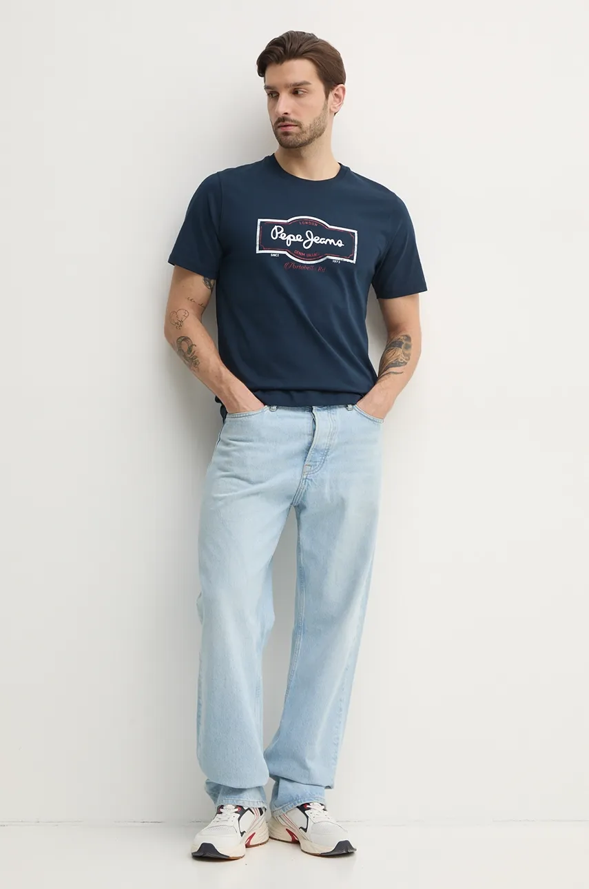 Хлопковая футболка Pepe Jeans DAXTON TEE мужская цвет синий с принтом PM509786 Хлопковая футболка Pepe Jeans DAXTON TEE мужская цвет синий с принтом PM509786