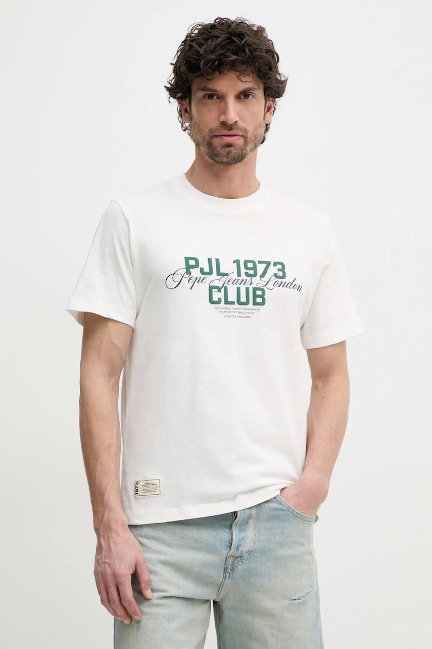 Pepe Jeans tricou din bumbac TALBOT barbati, culoarea alb, cu imprimeu, PM509791