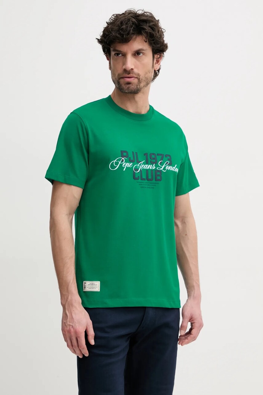 Pepe Jeans tricou din bumbac TALBOT barbati, culoarea verde, cu imprimeu, PM509791
