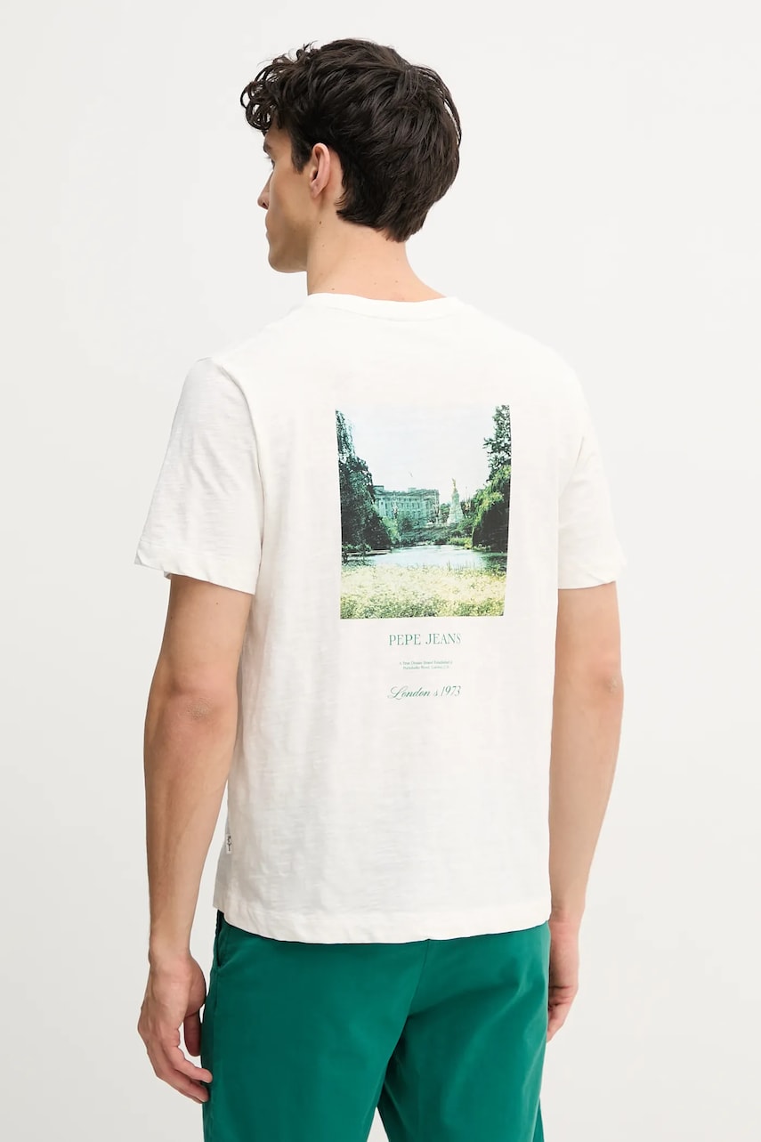 Pepe Jeans tricou din bumbac PETTE barbati, culoarea alb, cu imprimeu, PM509799