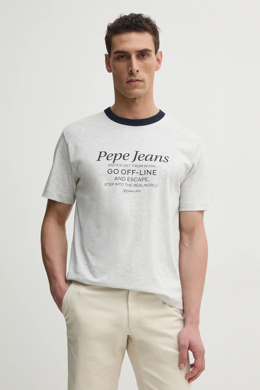 Pepe Jeans tricou PETERSON barbati, culoarea gri, cu imprimeu, PM509801