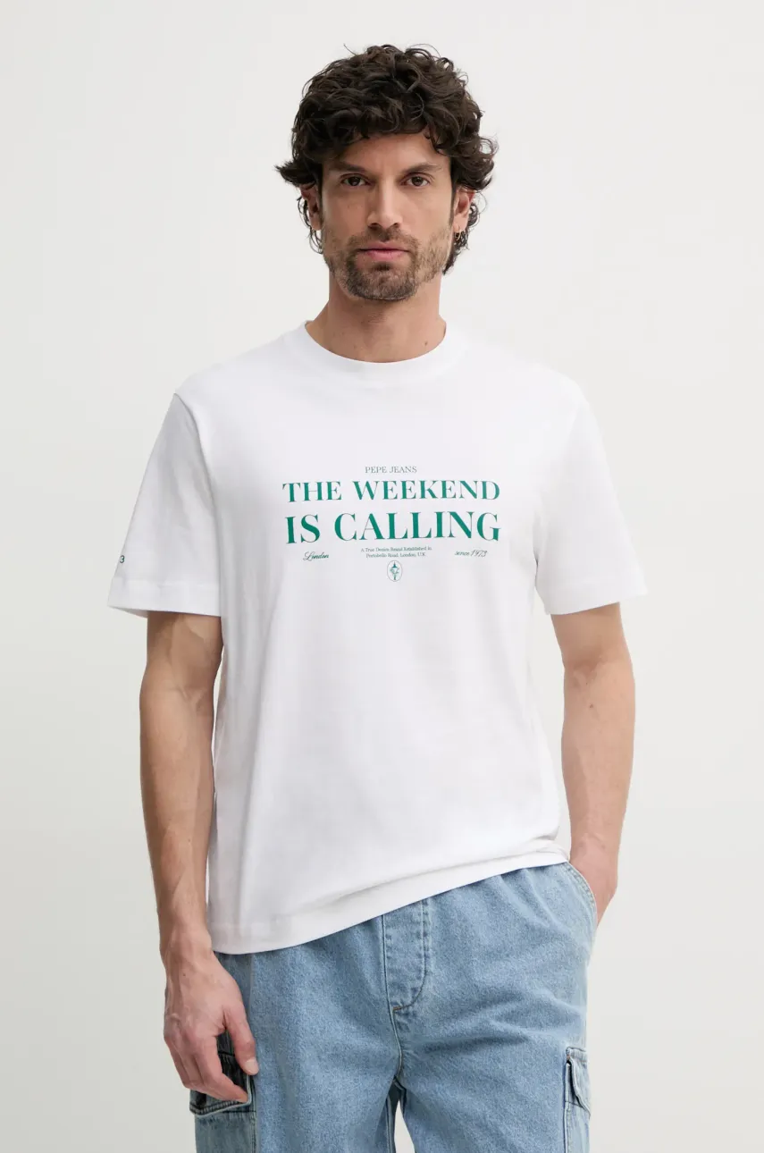 Pepe Jeans tricou din bumbac PALMER bărbați, culoarea alb, cu imprimeu, PM509802