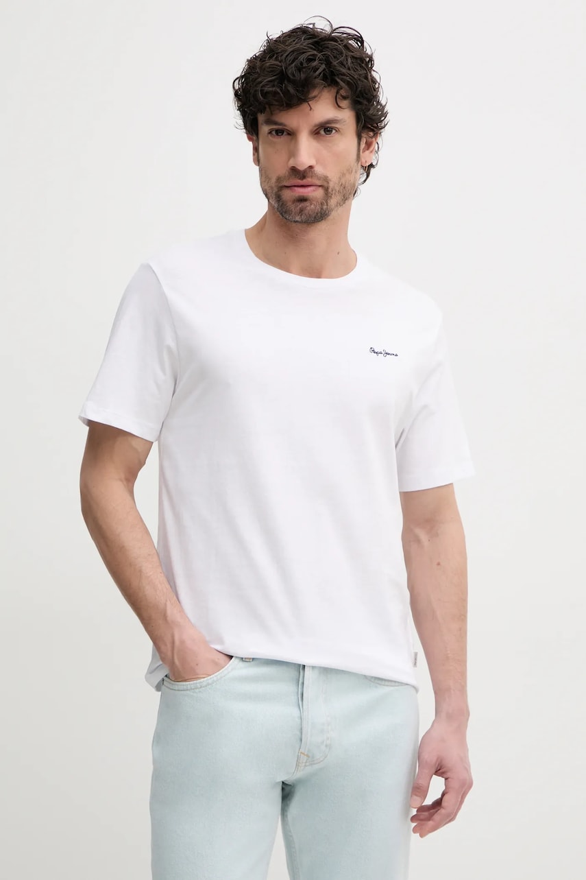 Pepe Jeans tricou din bumbac BACK CLAG barbati, culoarea alb, cu imprimeu, PM509921 Pepe Jeans tricou din bumbac BACK CLAG barbati, culoarea alb, cu imprimeu, PM509921
