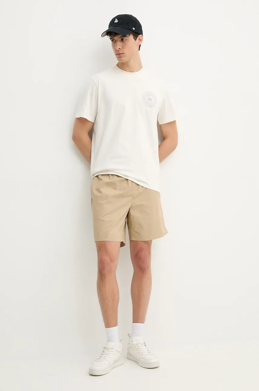 Хлопковая футболка Lacoste мужская цвет бежевый с аппликацией TH0125 Хлопковая футболка Lacoste мужская цвет бежевый с аппликацией TH0125