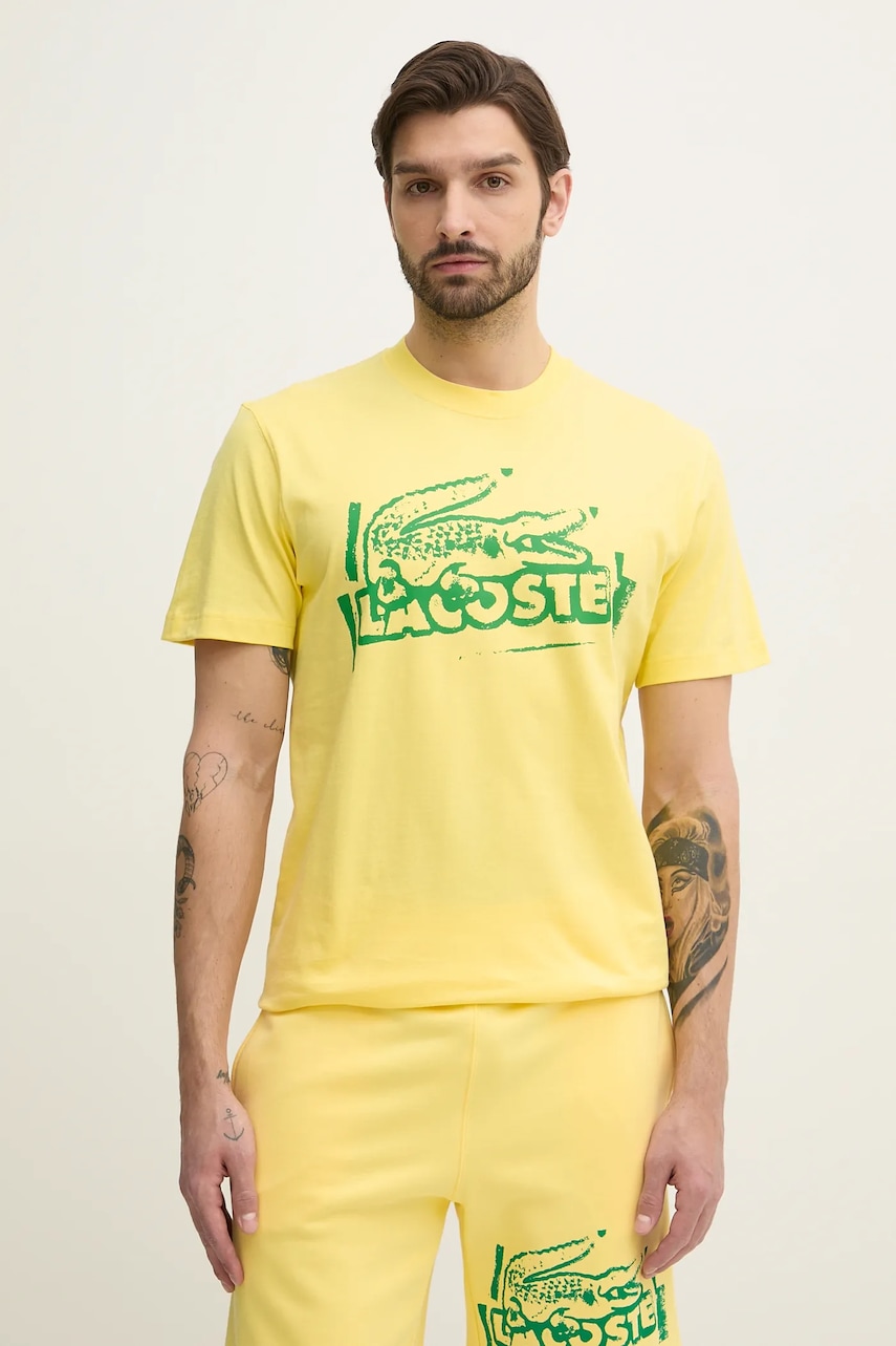 Lacoste tricou din bumbac barbati, culoarea galben, cu imprimeu, TH0284